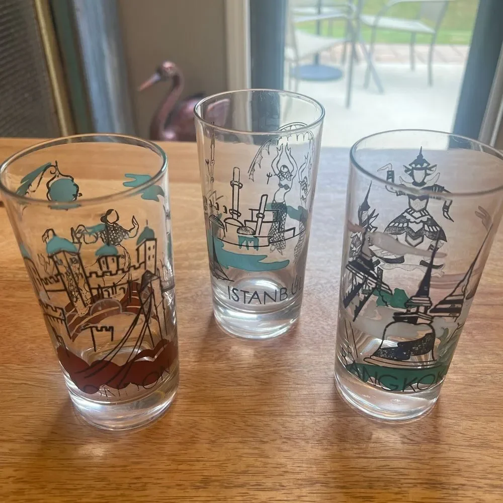 Set of three vintage bar ware glasses. London Istanbul and Bangkok.